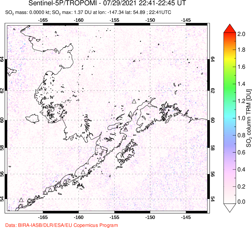 A sulfur dioxide image over Alaska, USA on Jul 29, 2021.
