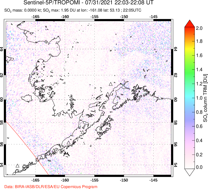 A sulfur dioxide image over Alaska, USA on Jul 31, 2021.