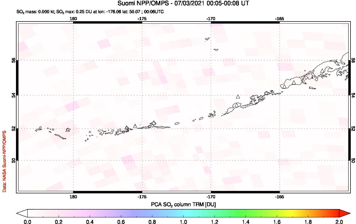 A sulfur dioxide image over Aleutian Islands, Alaska, USA on Jul 03, 2021.