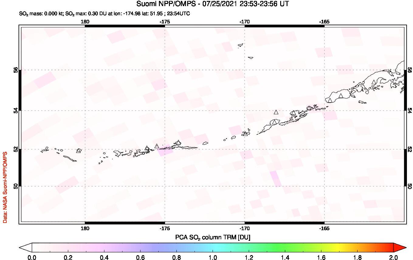 A sulfur dioxide image over Aleutian Islands, Alaska, USA on Jul 25, 2021.