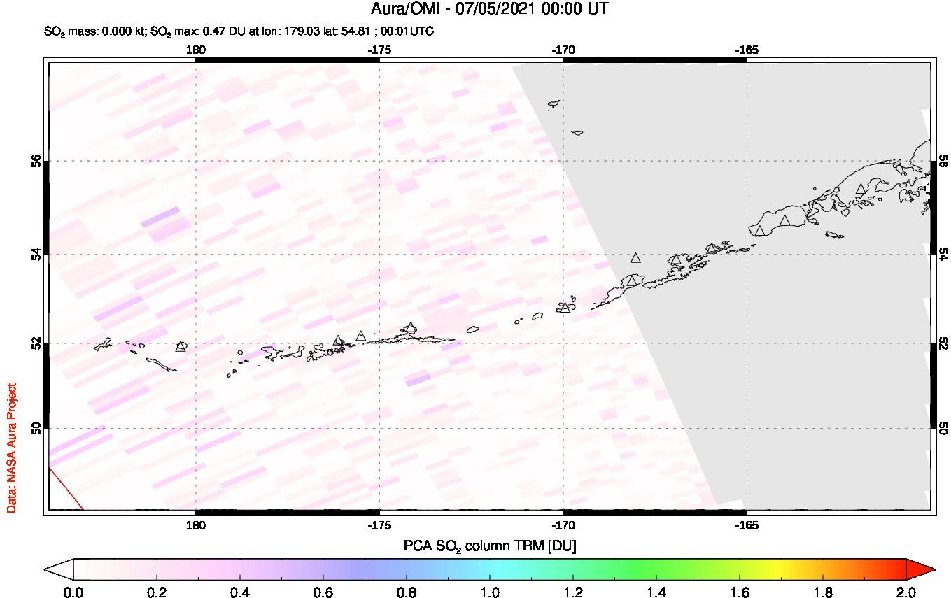 A sulfur dioxide image over Aleutian Islands, Alaska, USA on Jul 05, 2021.