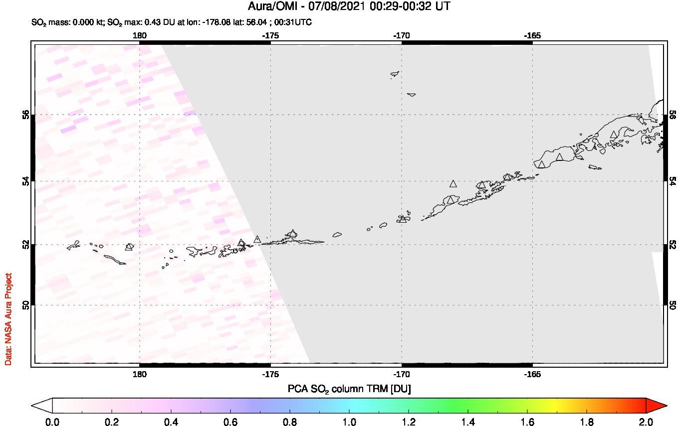 A sulfur dioxide image over Aleutian Islands, Alaska, USA on Jul 08, 2021.