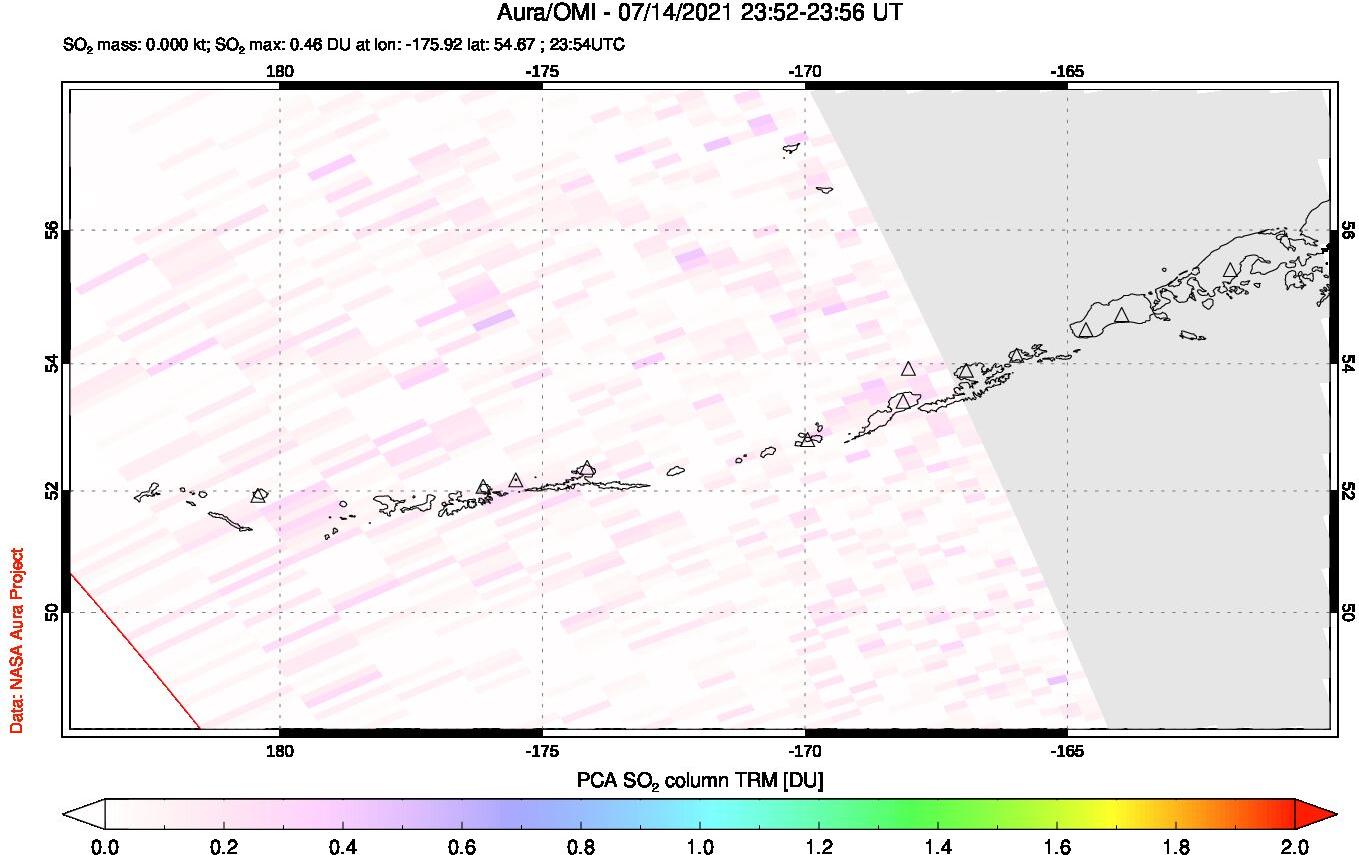 A sulfur dioxide image over Aleutian Islands, Alaska, USA on Jul 14, 2021.