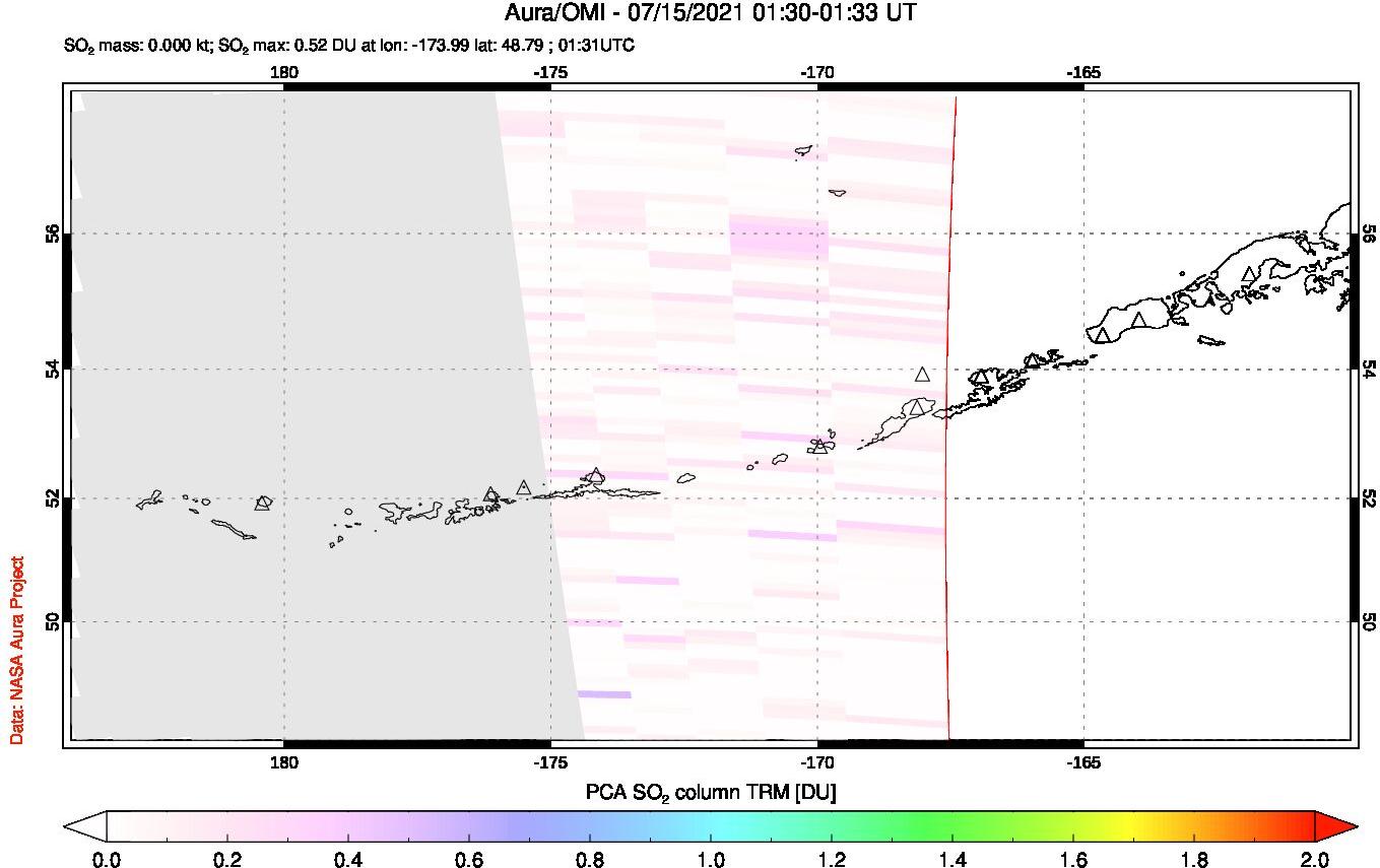 A sulfur dioxide image over Aleutian Islands, Alaska, USA on Jul 15, 2021.