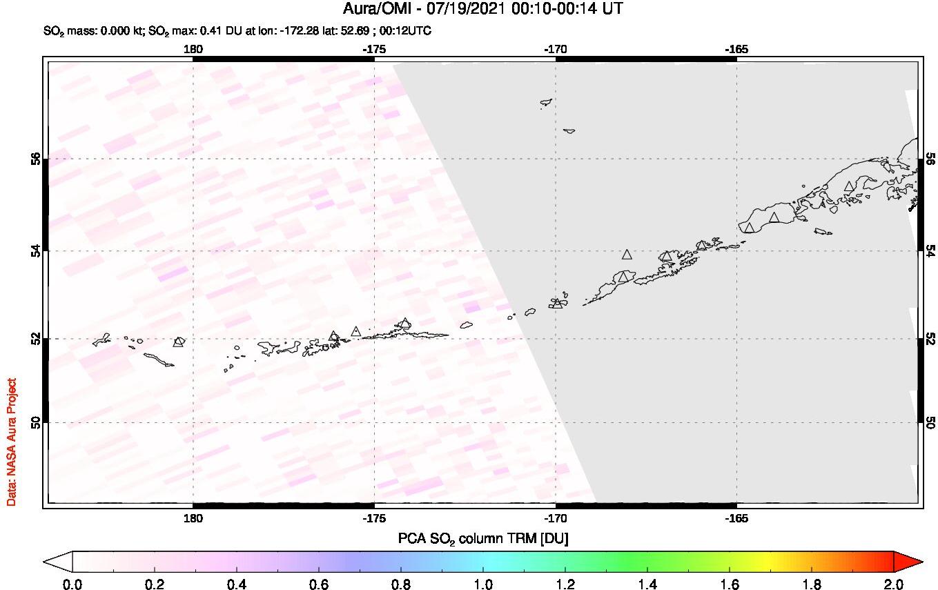 A sulfur dioxide image over Aleutian Islands, Alaska, USA on Jul 19, 2021.