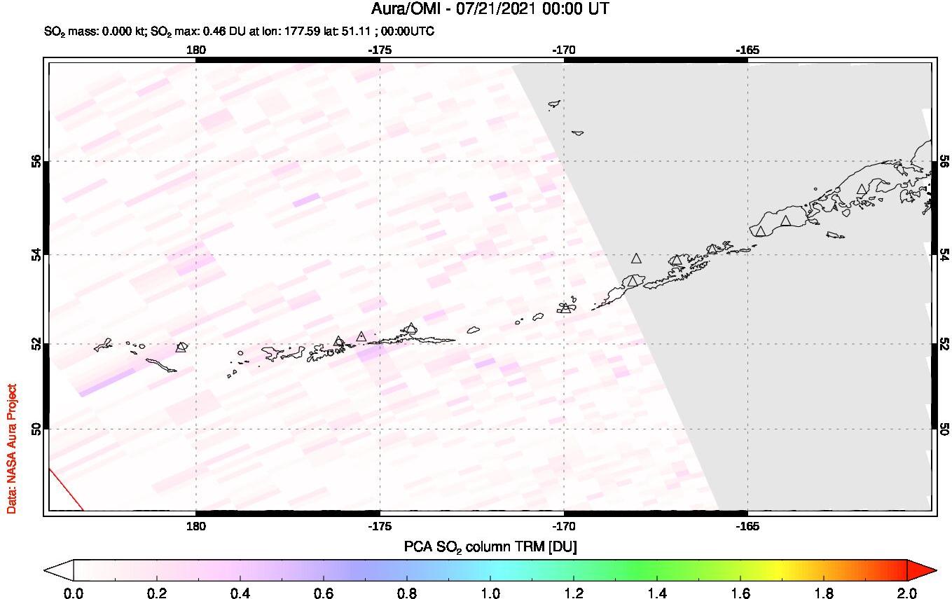 A sulfur dioxide image over Aleutian Islands, Alaska, USA on Jul 21, 2021.