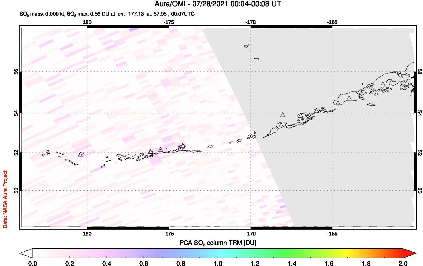 A sulfur dioxide image over Aleutian Islands, Alaska, USA on Jul 28, 2021.