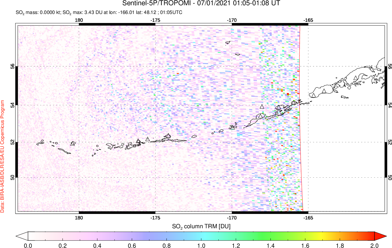 A sulfur dioxide image over Aleutian Islands, Alaska, USA on Jul 01, 2021.