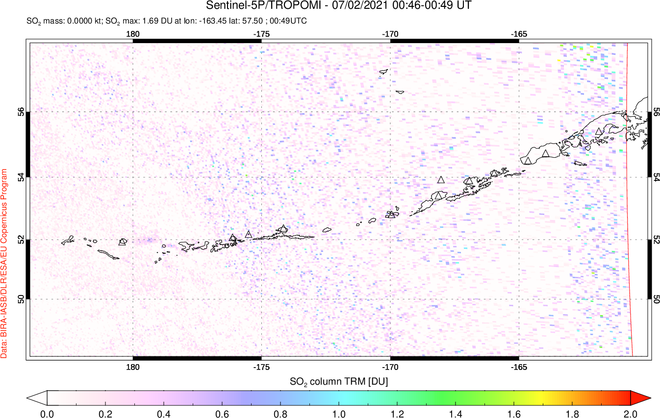 A sulfur dioxide image over Aleutian Islands, Alaska, USA on Jul 02, 2021.
