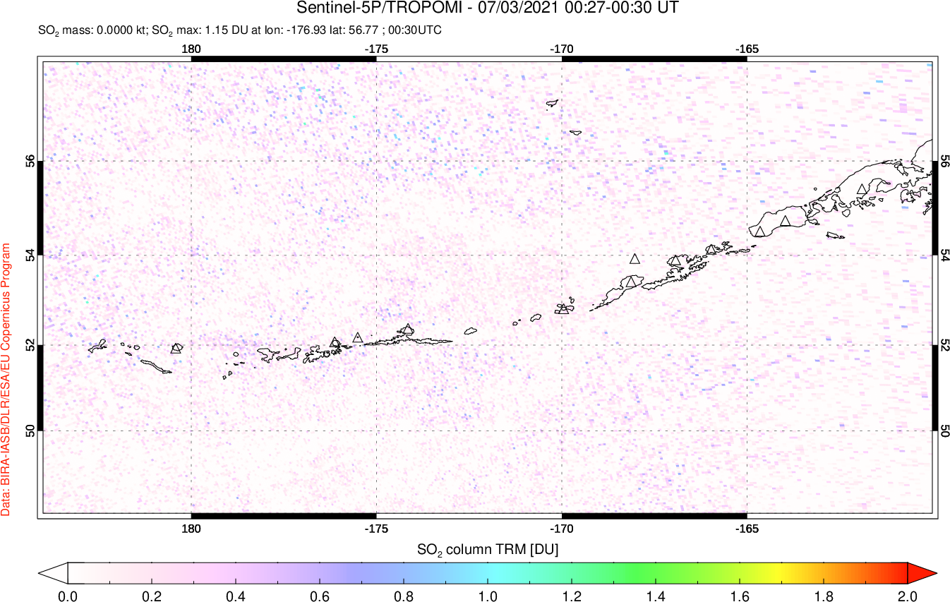 A sulfur dioxide image over Aleutian Islands, Alaska, USA on Jul 03, 2021.