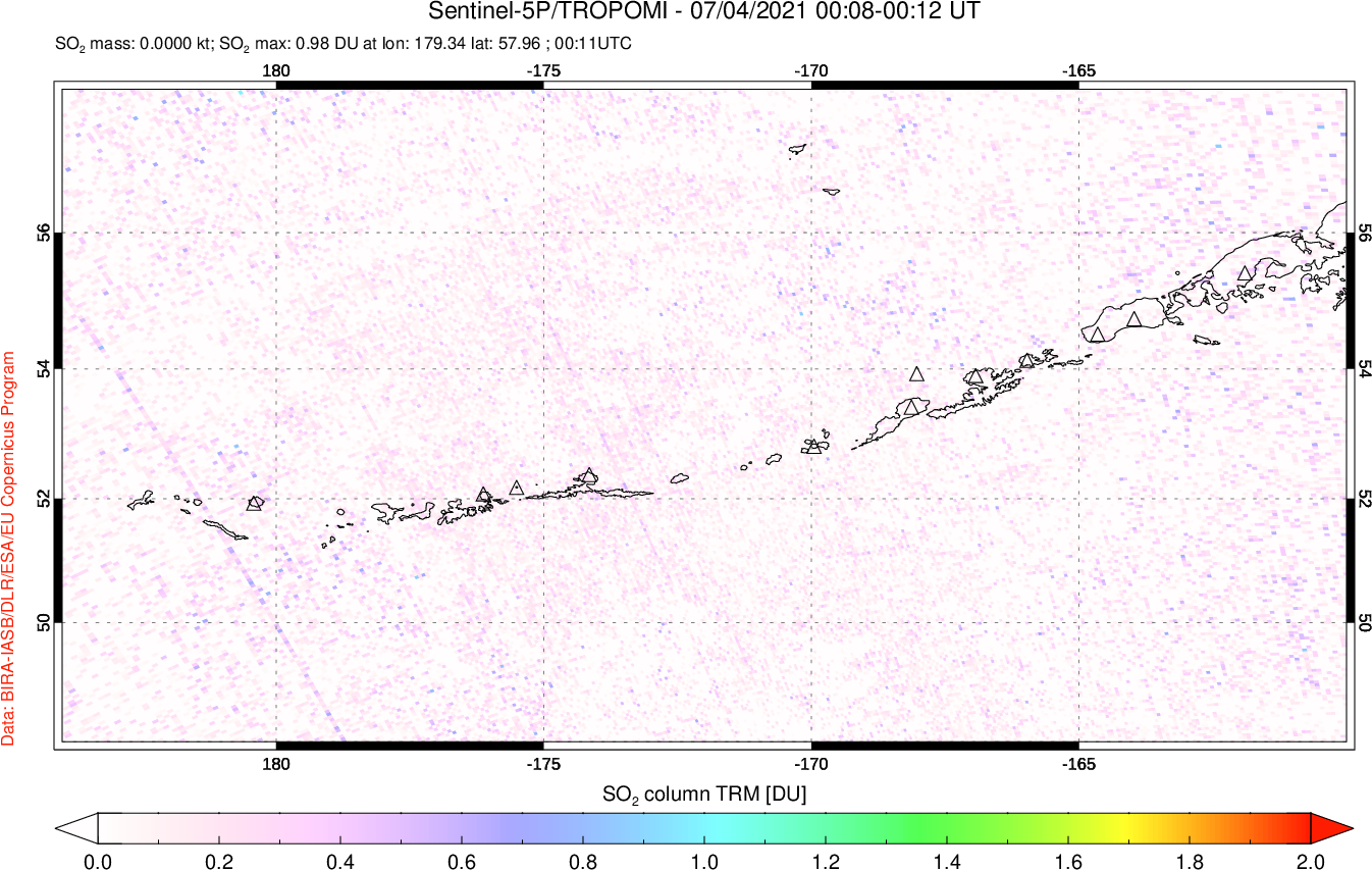 A sulfur dioxide image over Aleutian Islands, Alaska, USA on Jul 04, 2021.