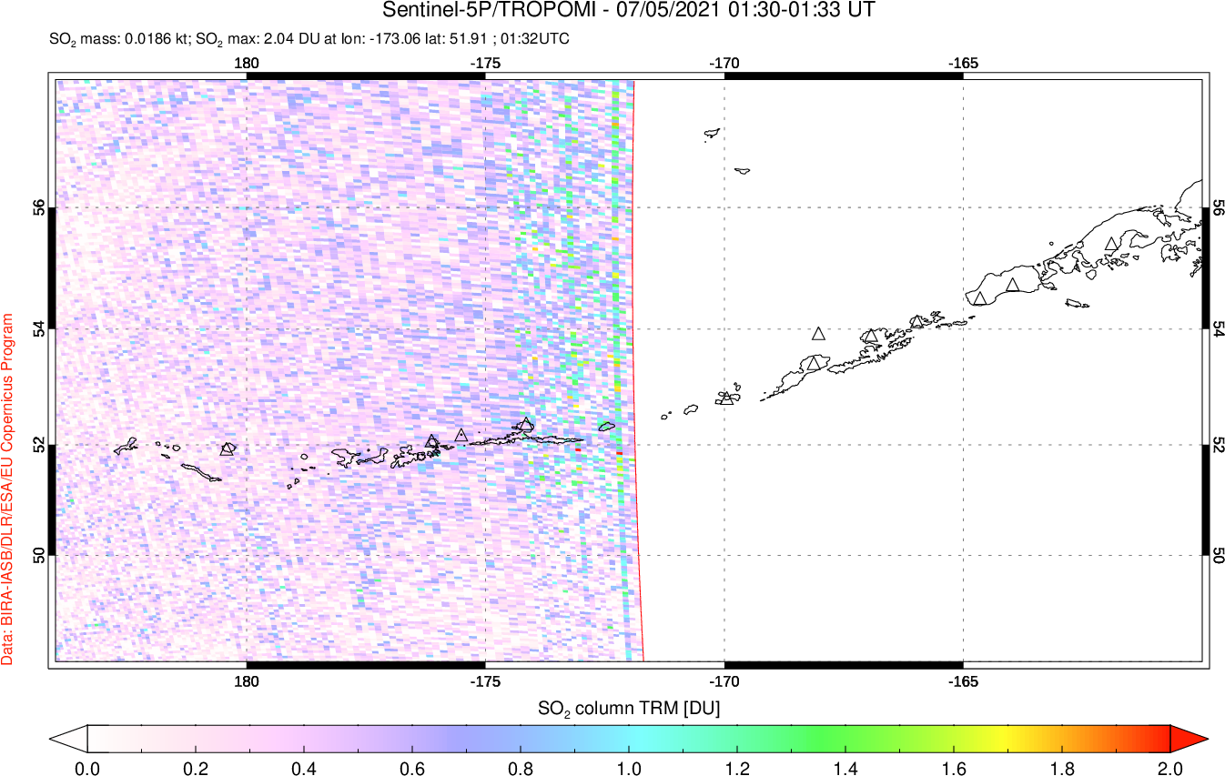 A sulfur dioxide image over Aleutian Islands, Alaska, USA on Jul 05, 2021.