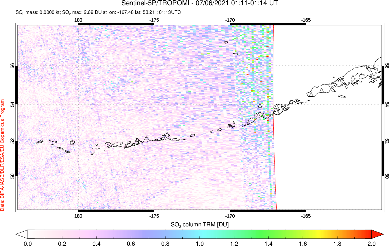 A sulfur dioxide image over Aleutian Islands, Alaska, USA on Jul 06, 2021.