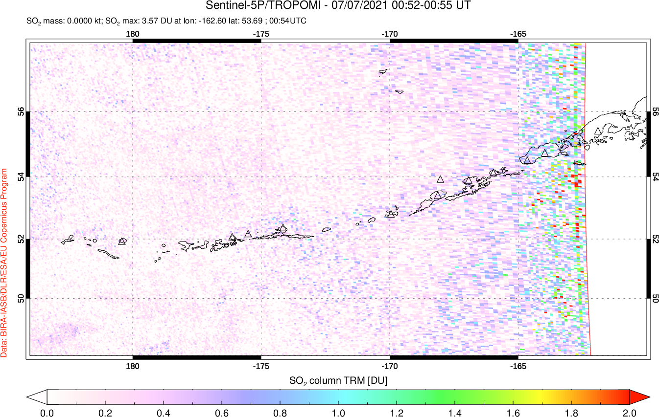A sulfur dioxide image over Aleutian Islands, Alaska, USA on Jul 07, 2021.