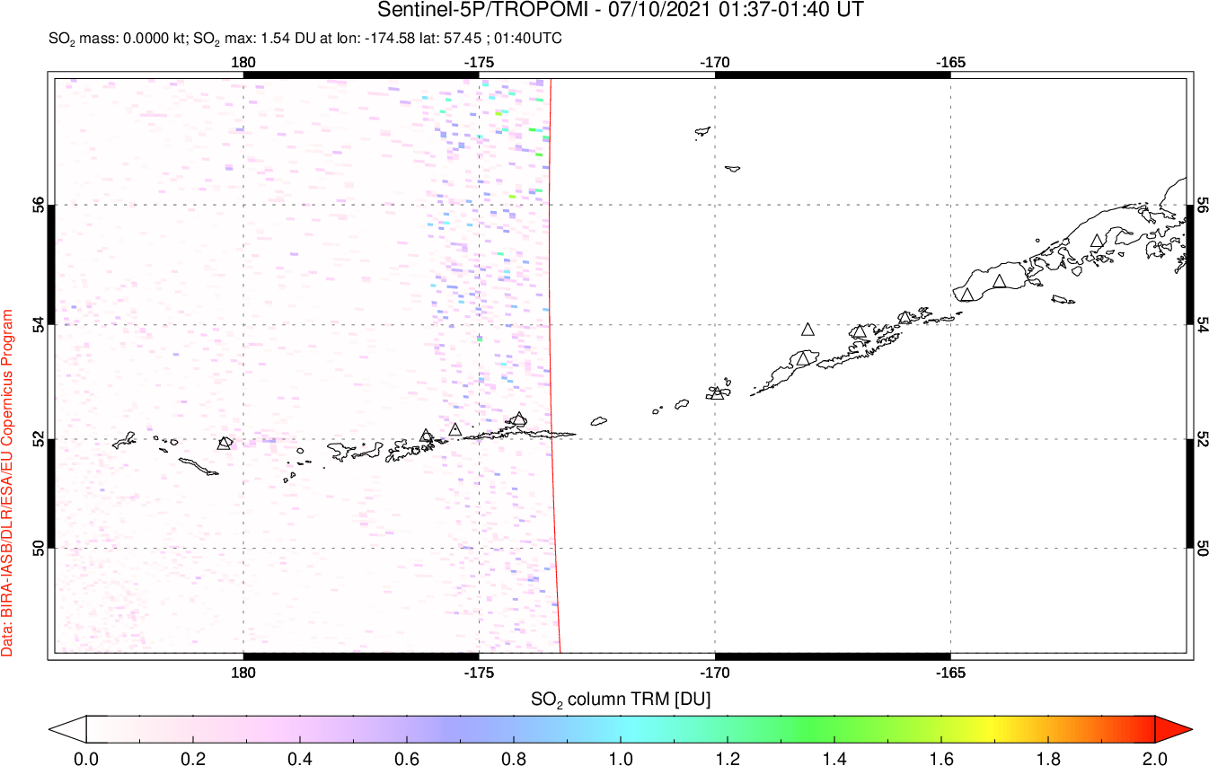 A sulfur dioxide image over Aleutian Islands, Alaska, USA on Jul 10, 2021.