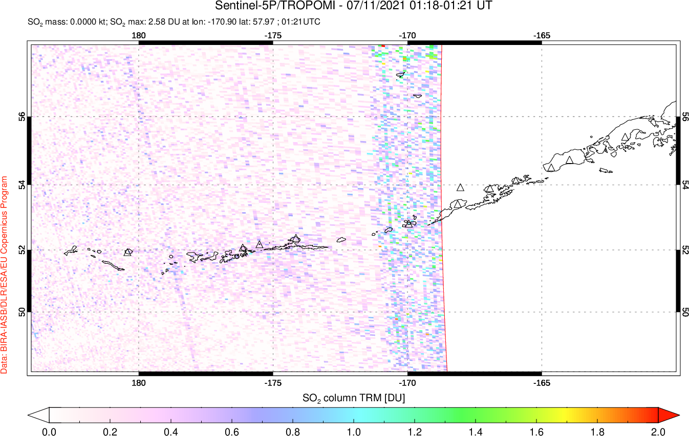 A sulfur dioxide image over Aleutian Islands, Alaska, USA on Jul 11, 2021.