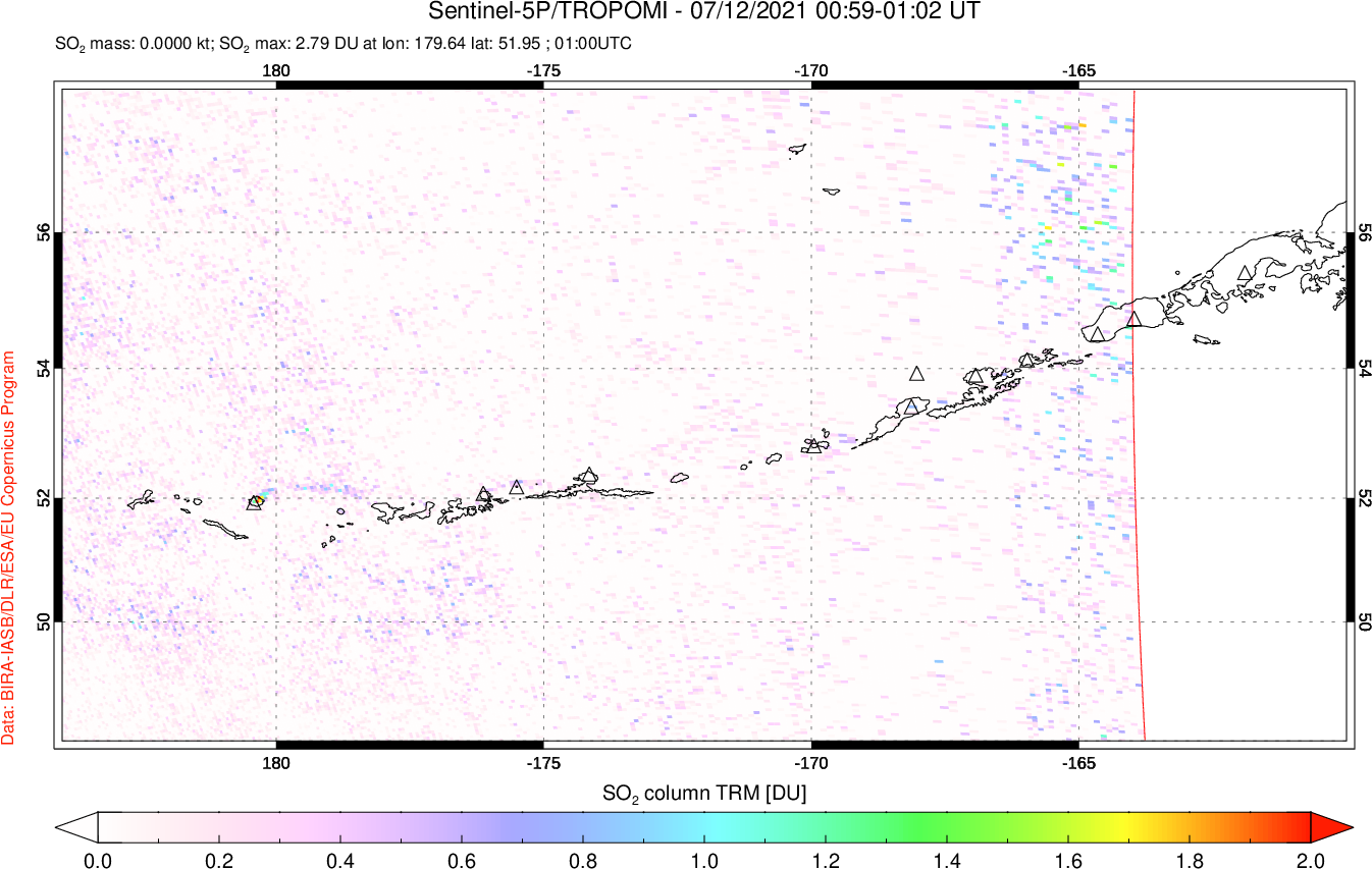 A sulfur dioxide image over Aleutian Islands, Alaska, USA on Jul 12, 2021.