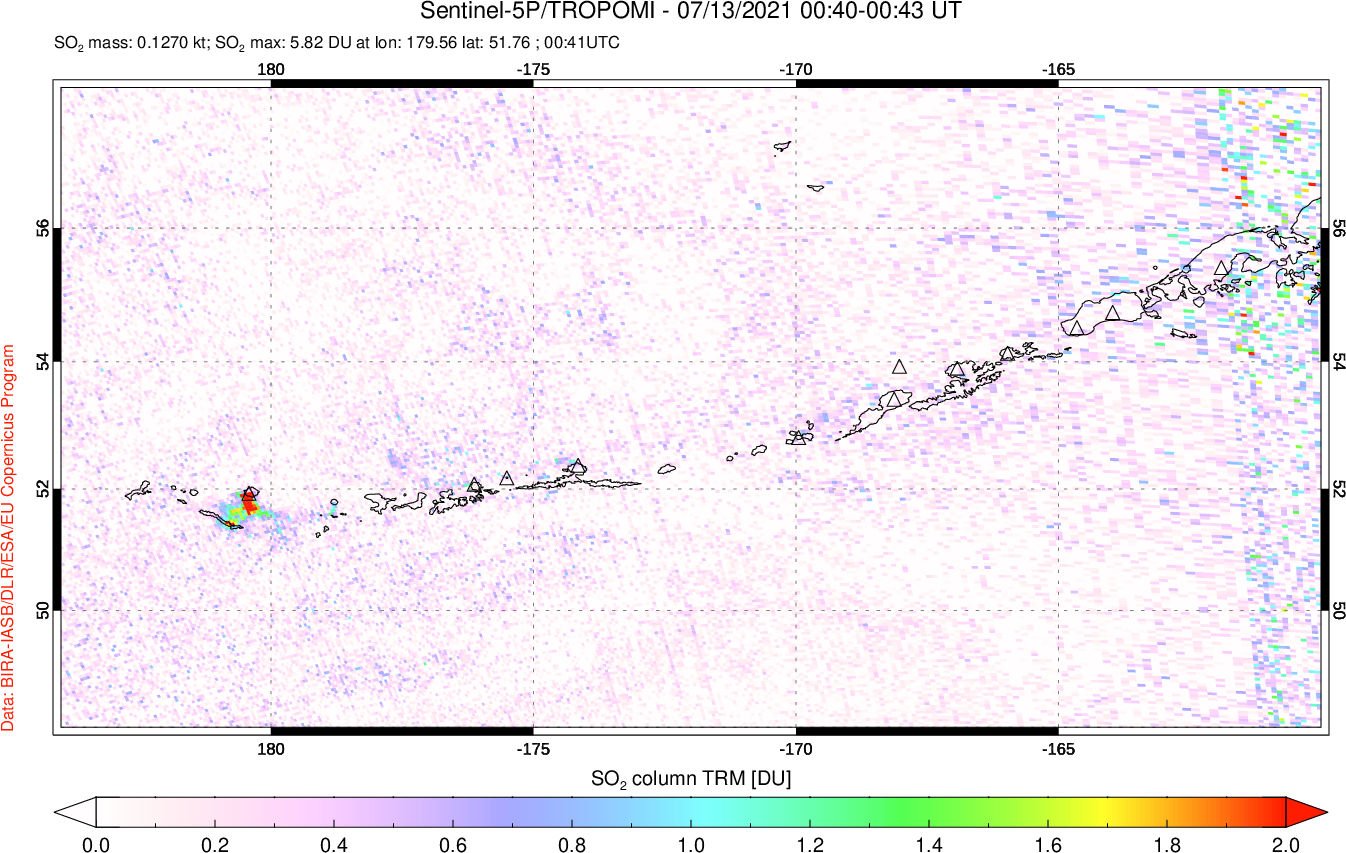 A sulfur dioxide image over Aleutian Islands, Alaska, USA on Jul 13, 2021.