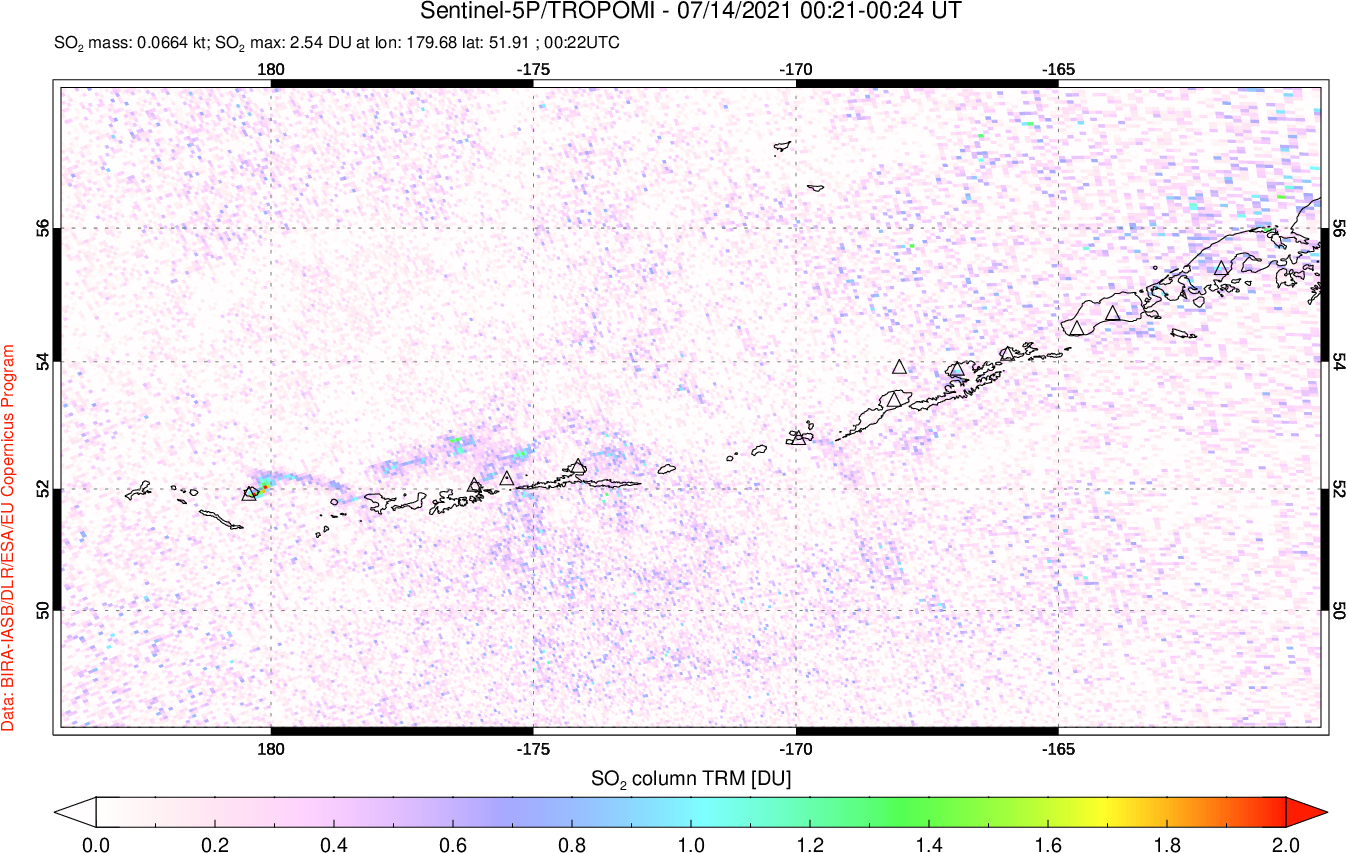 A sulfur dioxide image over Aleutian Islands, Alaska, USA on Jul 14, 2021.