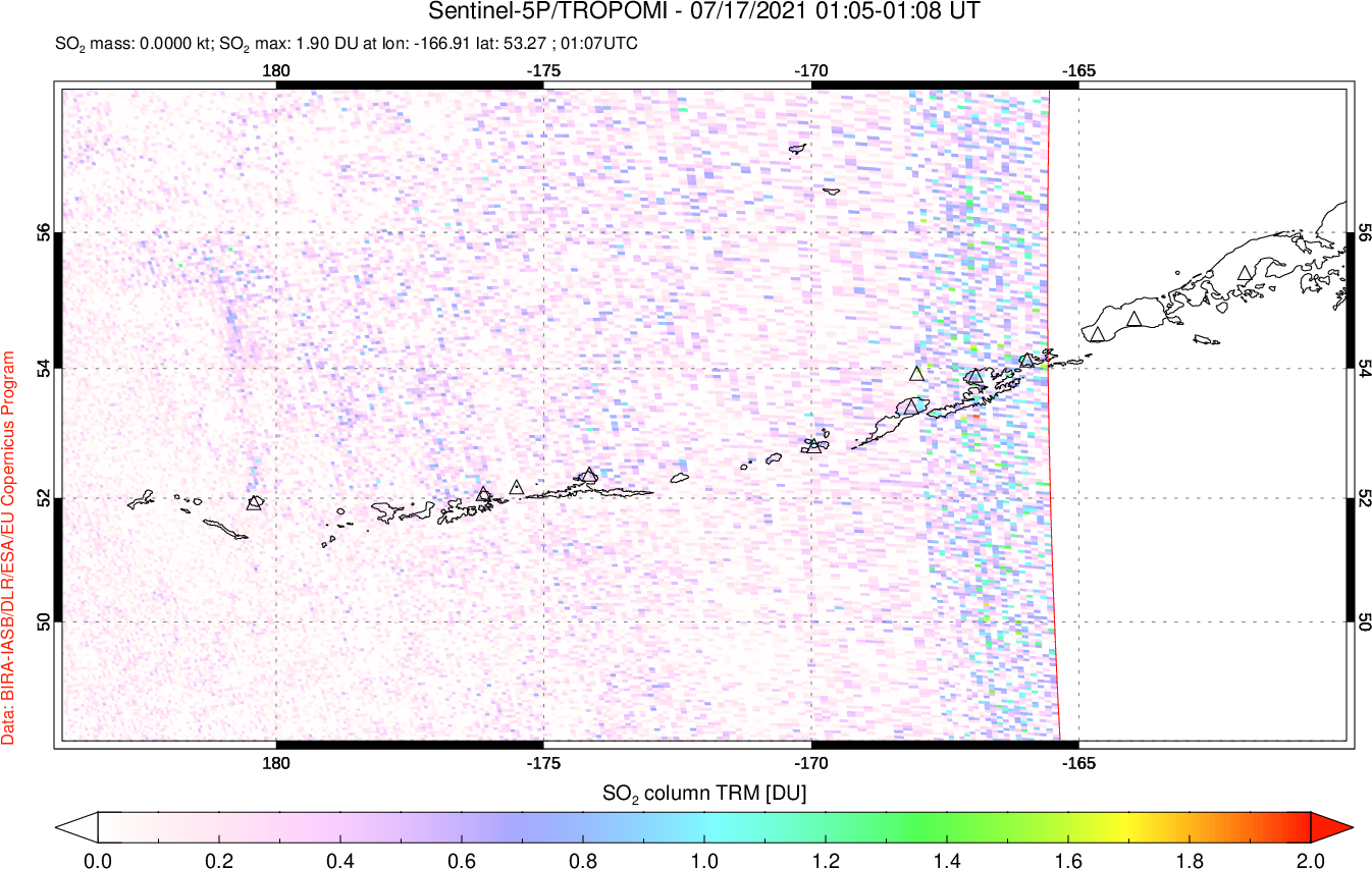 A sulfur dioxide image over Aleutian Islands, Alaska, USA on Jul 17, 2021.