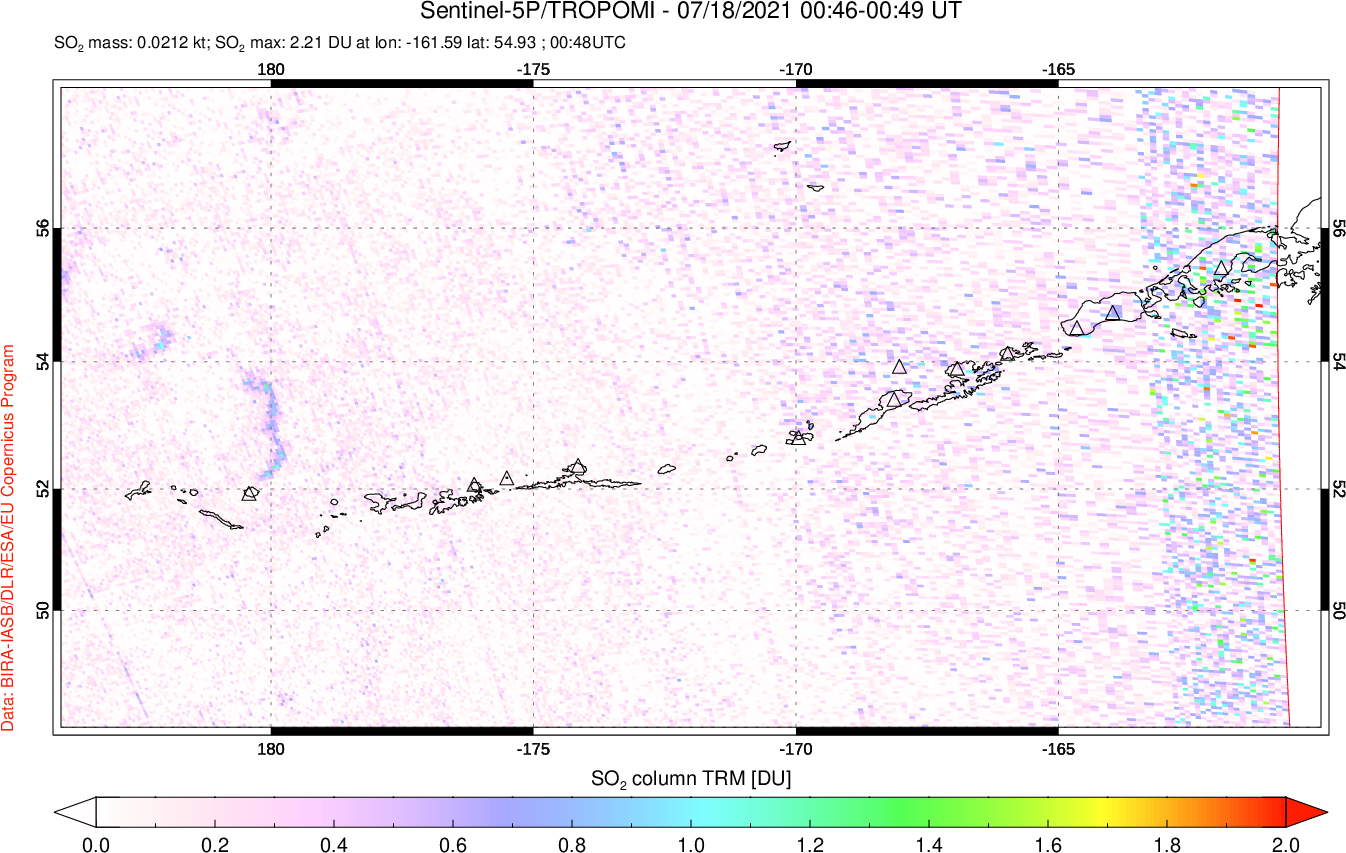 A sulfur dioxide image over Aleutian Islands, Alaska, USA on Jul 18, 2021.