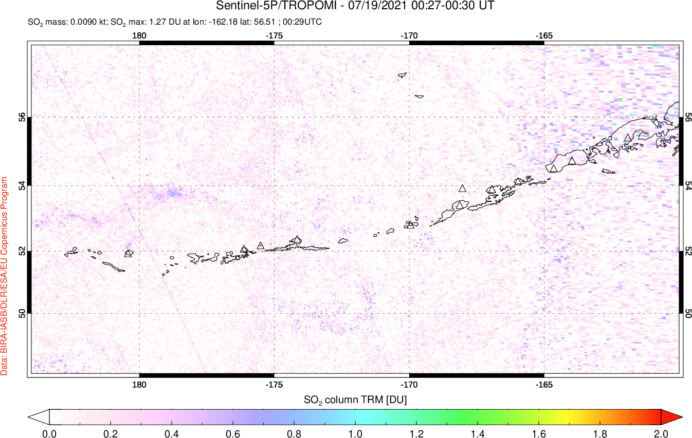 A sulfur dioxide image over Aleutian Islands, Alaska, USA on Jul 19, 2021.
