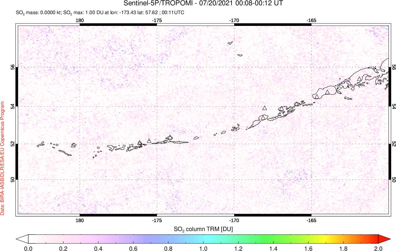 A sulfur dioxide image over Aleutian Islands, Alaska, USA on Jul 20, 2021.