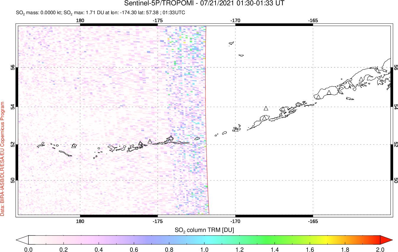 A sulfur dioxide image over Aleutian Islands, Alaska, USA on Jul 21, 2021.