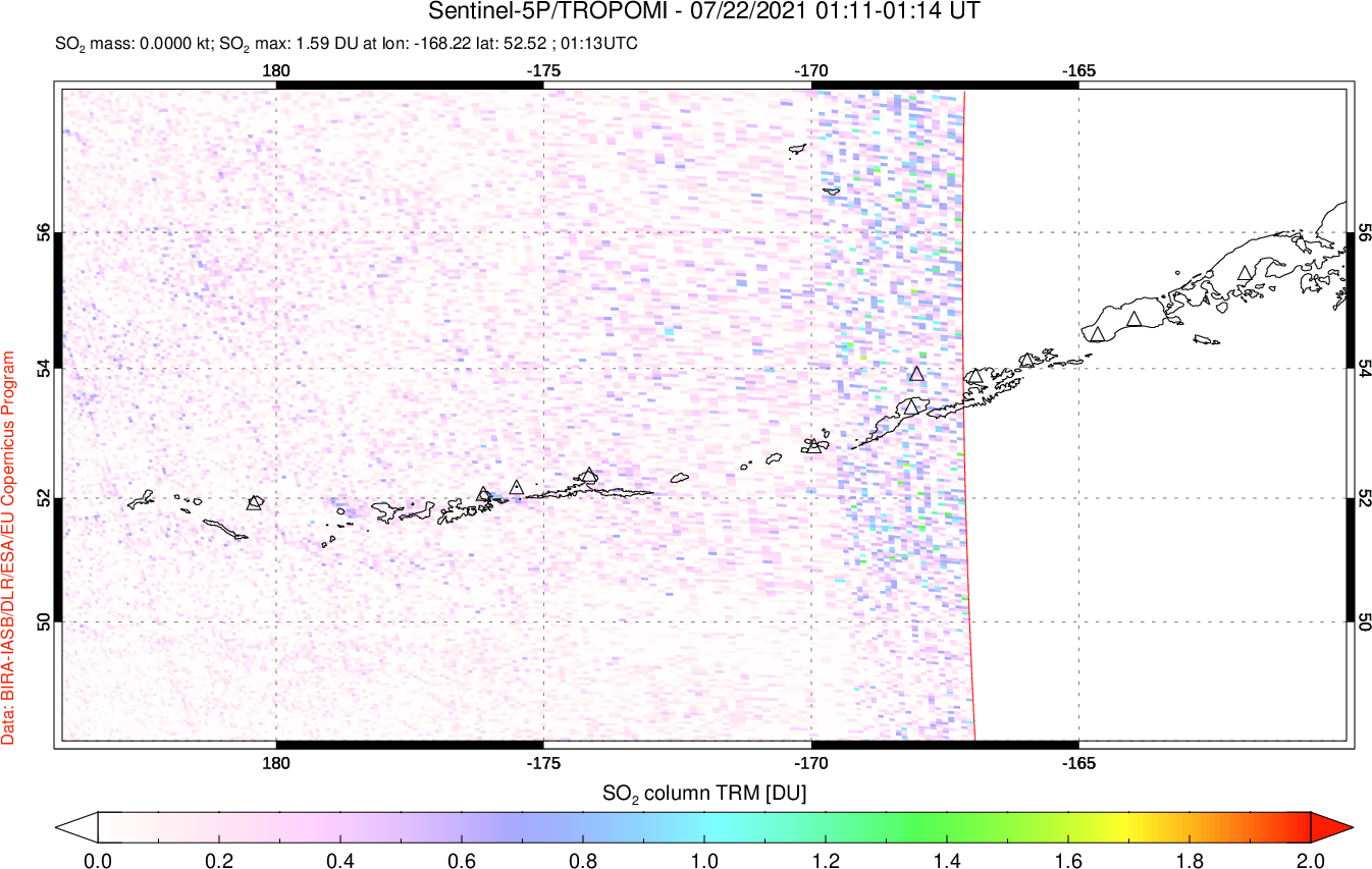 A sulfur dioxide image over Aleutian Islands, Alaska, USA on Jul 22, 2021.