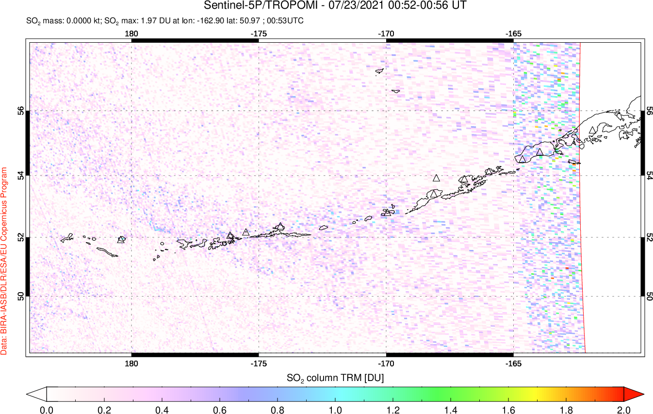 A sulfur dioxide image over Aleutian Islands, Alaska, USA on Jul 23, 2021.
