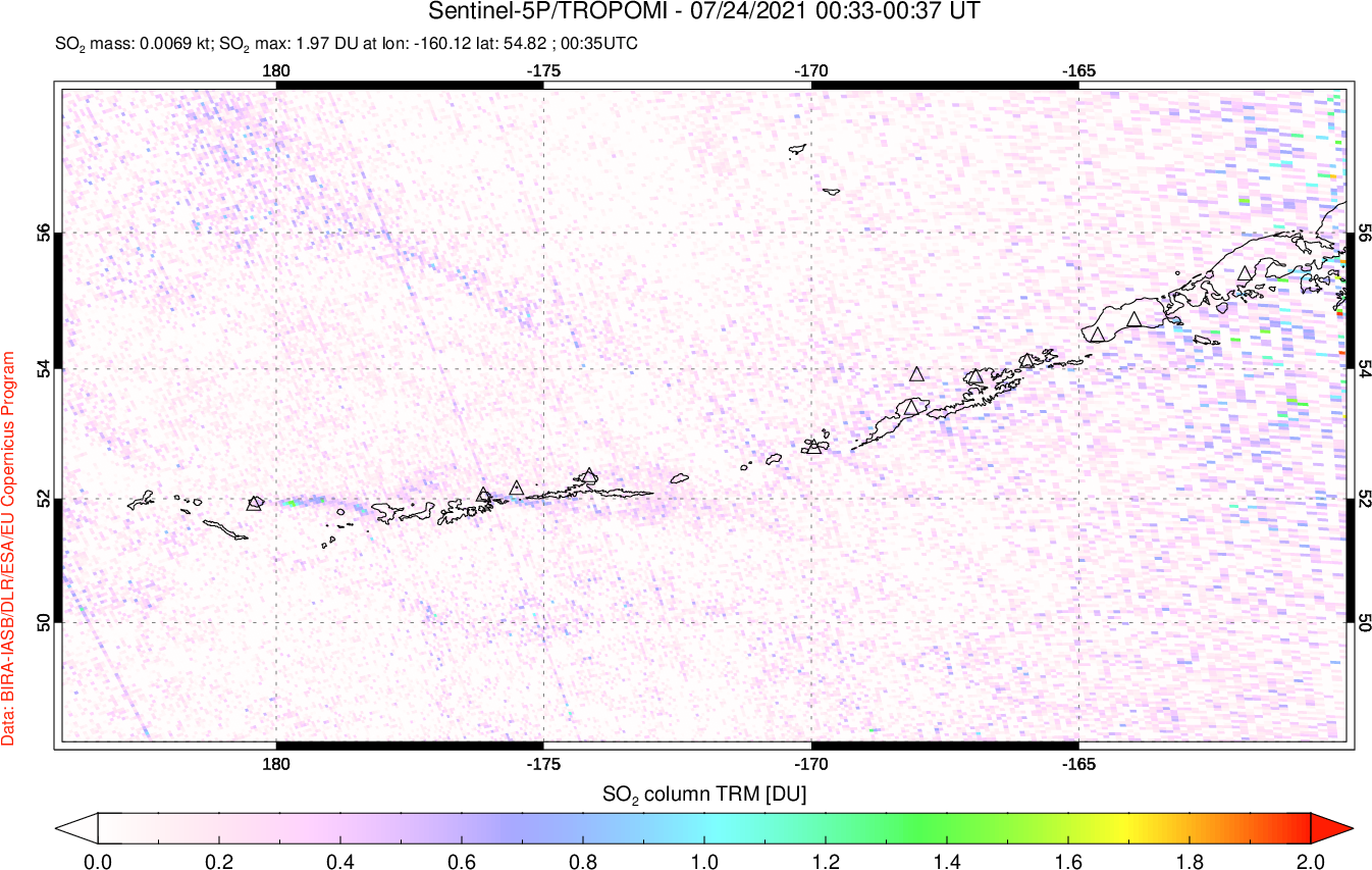 A sulfur dioxide image over Aleutian Islands, Alaska, USA on Jul 24, 2021.