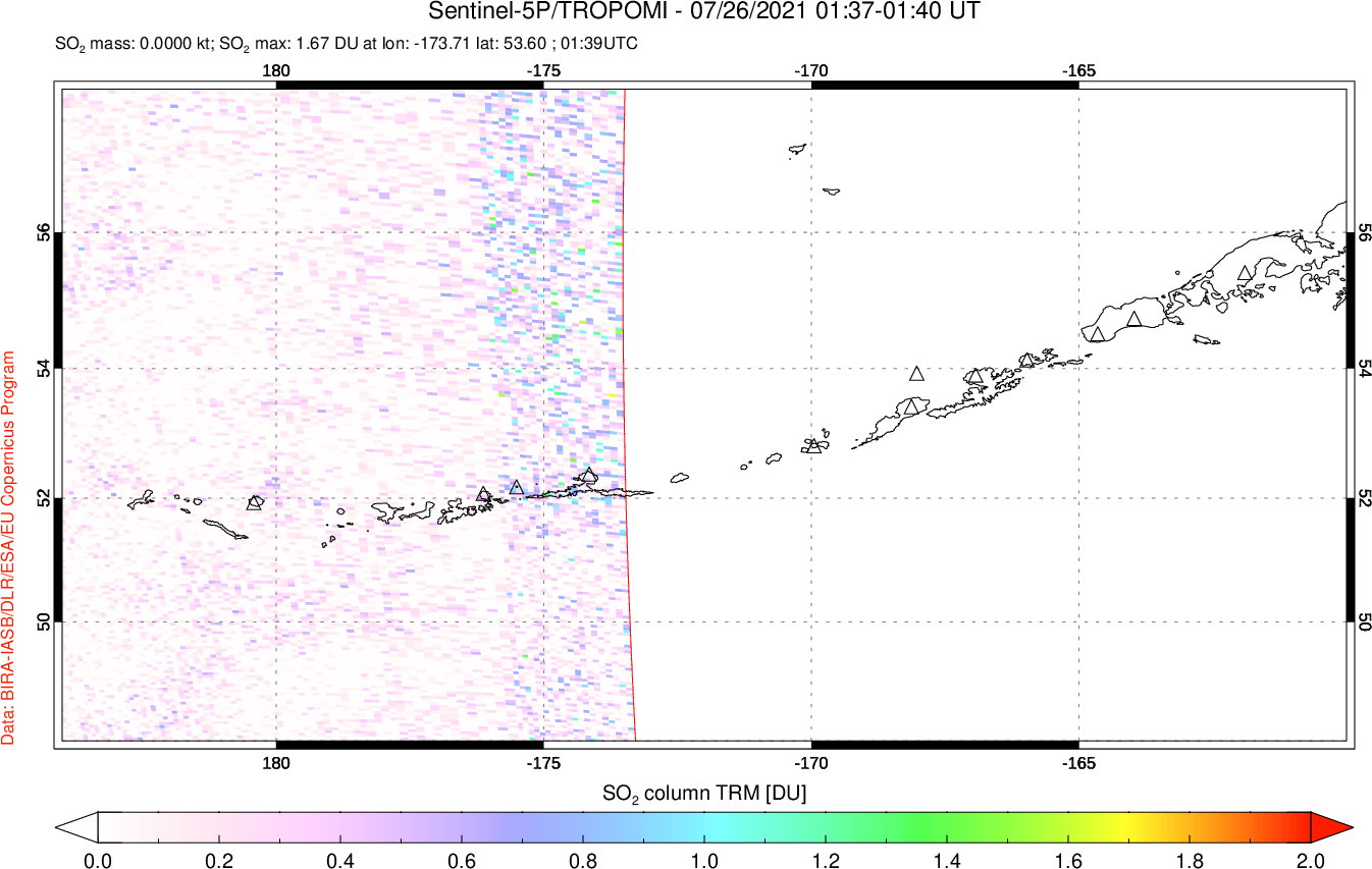 A sulfur dioxide image over Aleutian Islands, Alaska, USA on Jul 26, 2021.