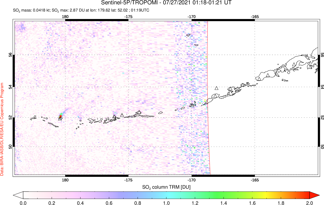 A sulfur dioxide image over Aleutian Islands, Alaska, USA on Jul 27, 2021.