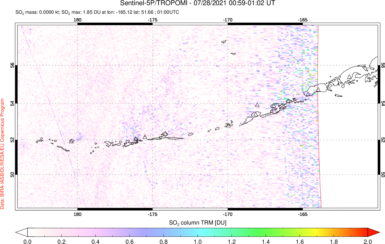 A sulfur dioxide image over Aleutian Islands, Alaska, USA on Jul 28, 2021.