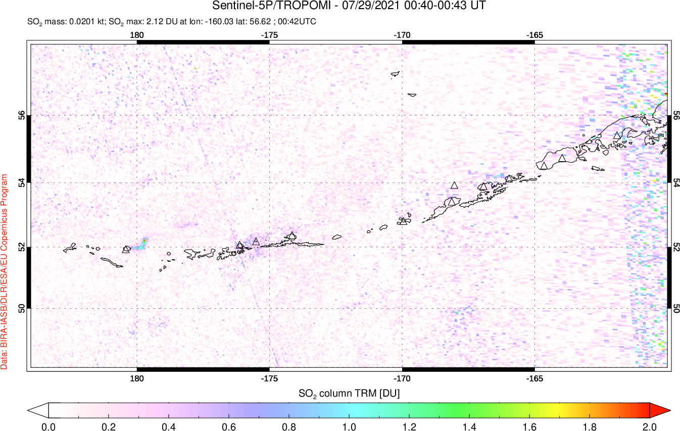 A sulfur dioxide image over Aleutian Islands, Alaska, USA on Jul 29, 2021.