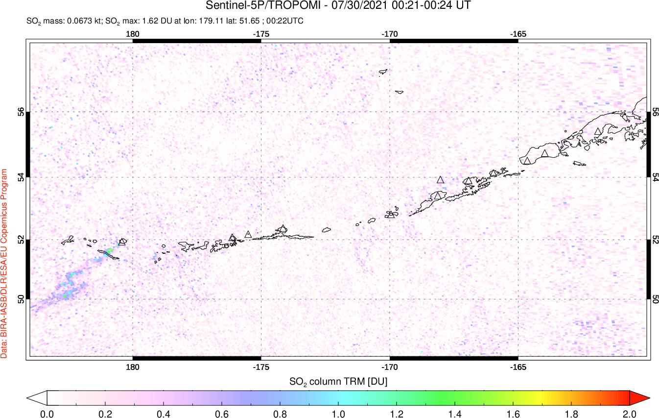 A sulfur dioxide image over Aleutian Islands, Alaska, USA on Jul 30, 2021.