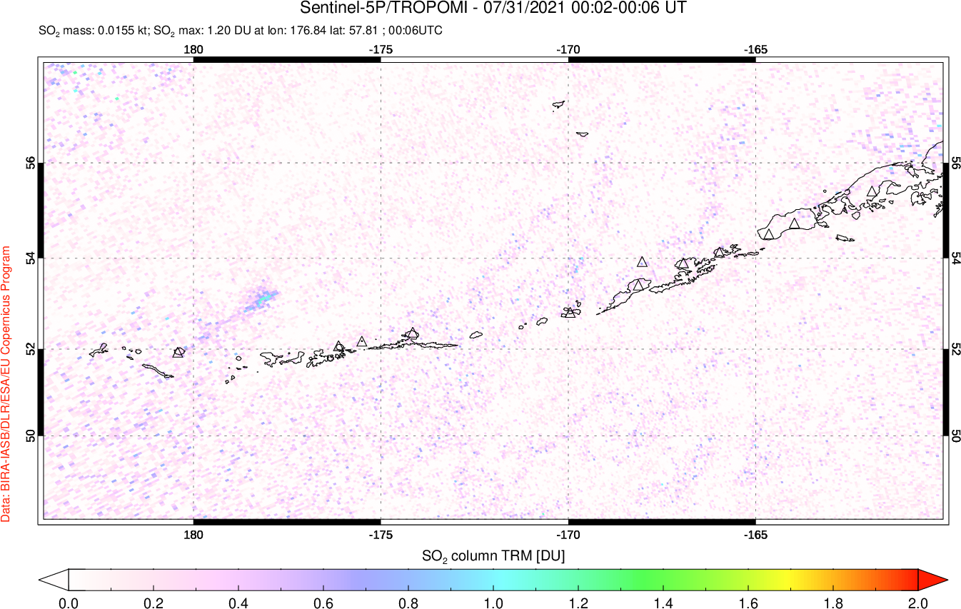 A sulfur dioxide image over Aleutian Islands, Alaska, USA on Jul 31, 2021.