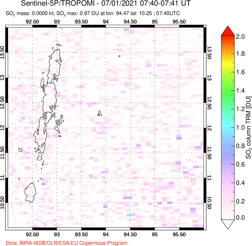 A sulfur dioxide image over Andaman Islands, Indian Ocean on Jul 01, 2021.