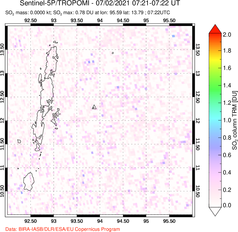 A sulfur dioxide image over Andaman Islands, Indian Ocean on Jul 02, 2021.