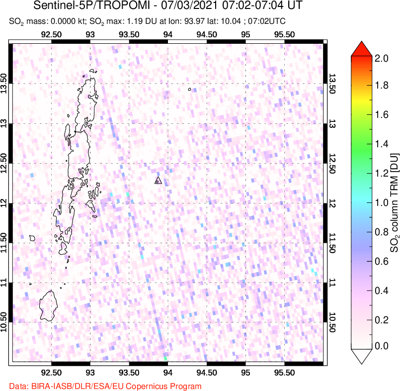 A sulfur dioxide image over Andaman Islands, Indian Ocean on Jul 03, 2021.