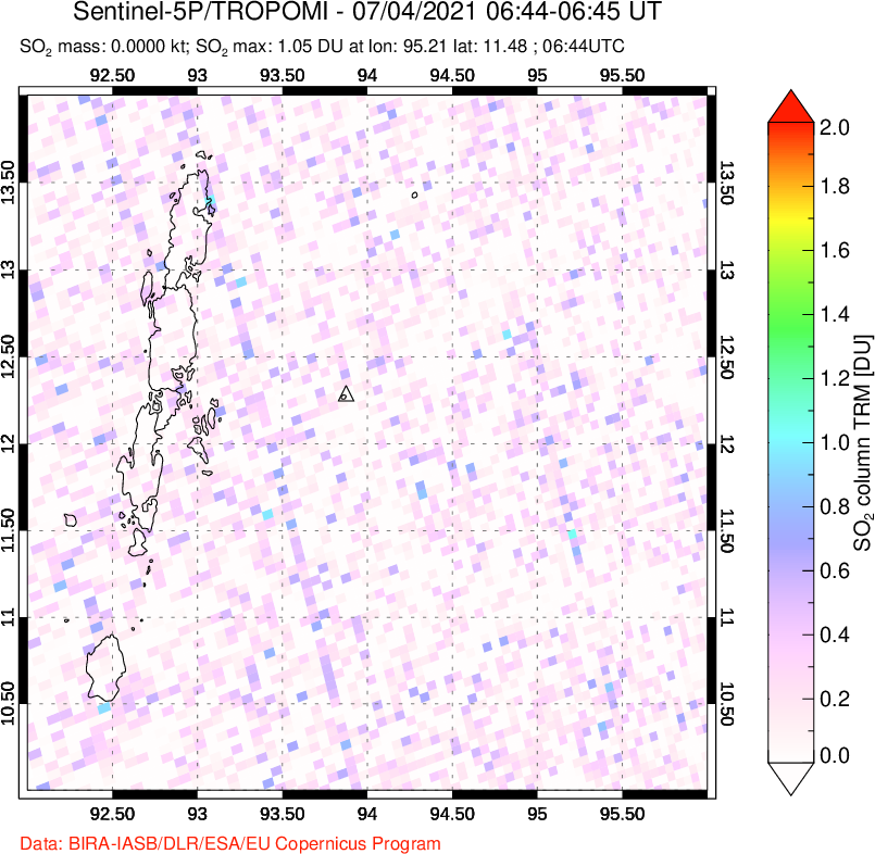 A sulfur dioxide image over Andaman Islands, Indian Ocean on Jul 04, 2021.