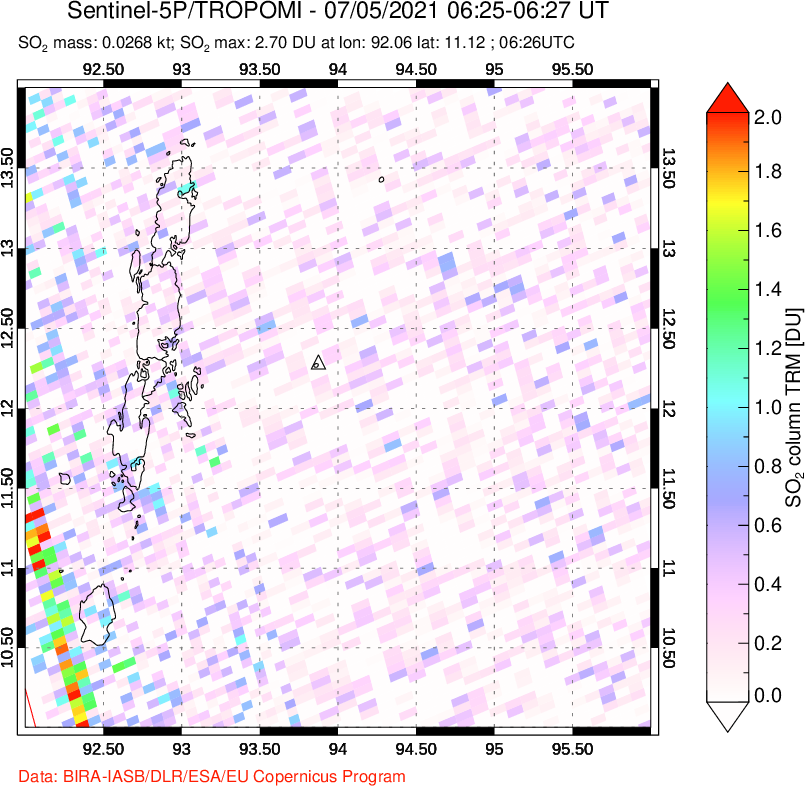 A sulfur dioxide image over Andaman Islands, Indian Ocean on Jul 05, 2021.
