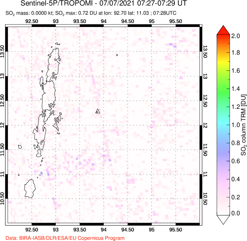 A sulfur dioxide image over Andaman Islands, Indian Ocean on Jul 07, 2021.