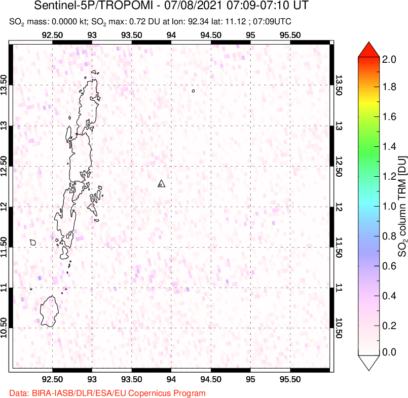 A sulfur dioxide image over Andaman Islands, Indian Ocean on Jul 08, 2021.