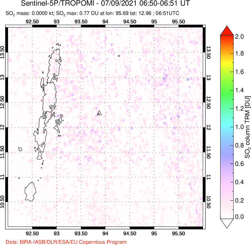 A sulfur dioxide image over Andaman Islands, Indian Ocean on Jul 09, 2021.