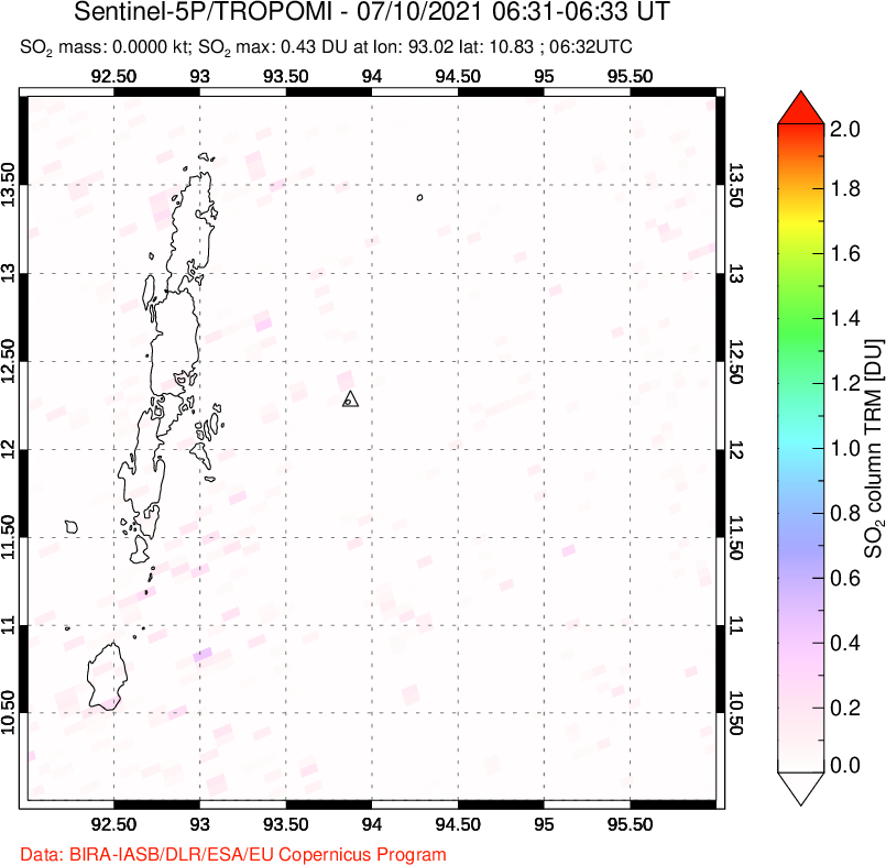 A sulfur dioxide image over Andaman Islands, Indian Ocean on Jul 10, 2021.