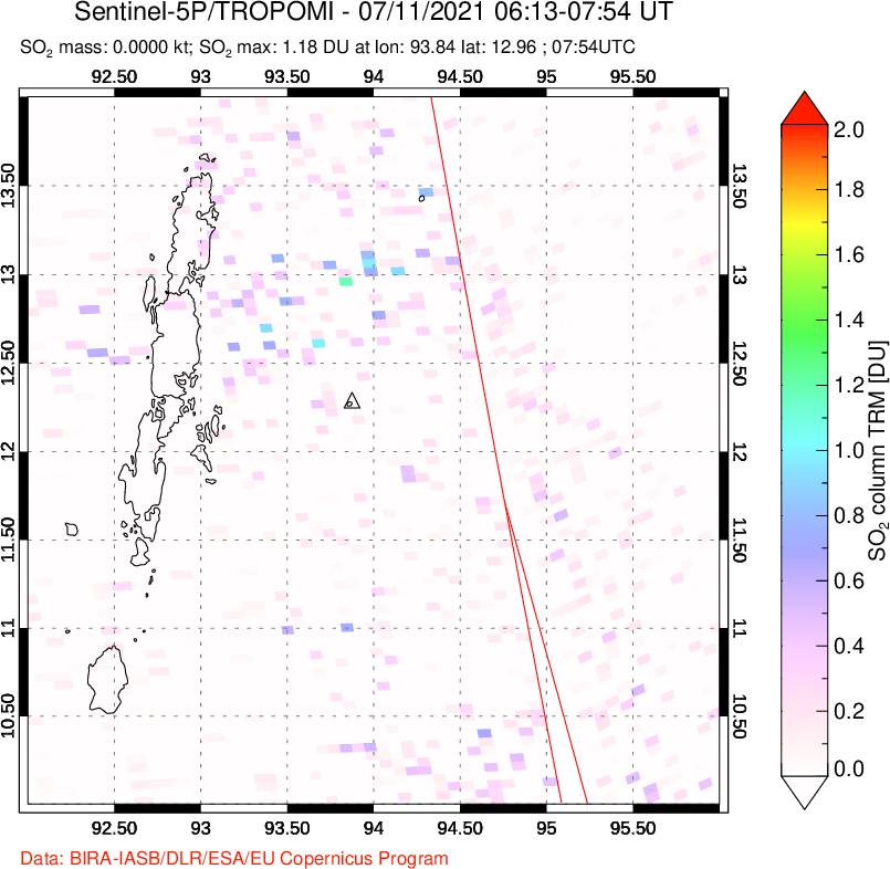 A sulfur dioxide image over Andaman Islands, Indian Ocean on Jul 11, 2021.