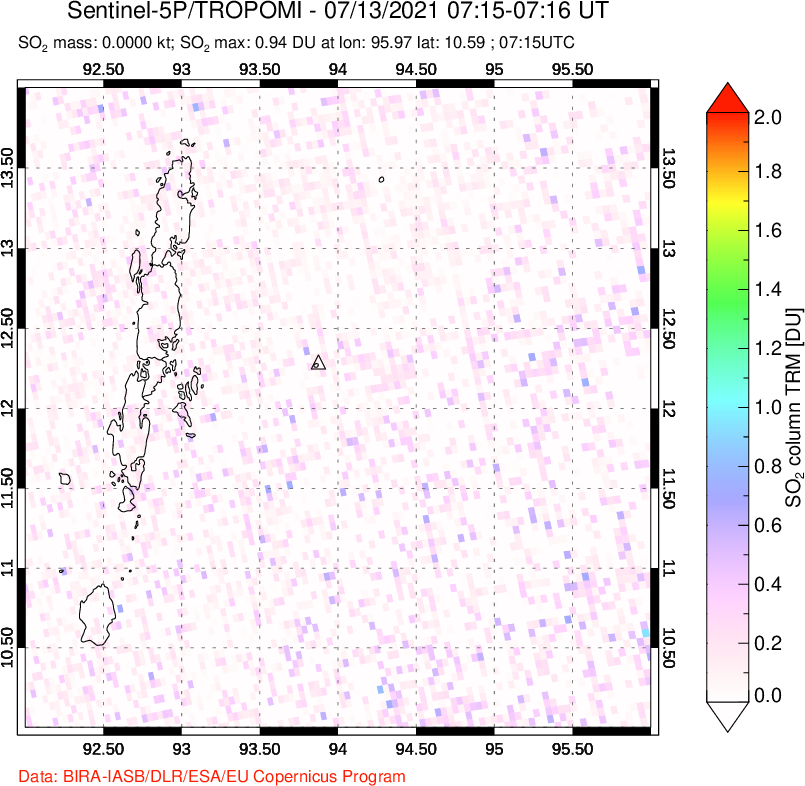 A sulfur dioxide image over Andaman Islands, Indian Ocean on Jul 13, 2021.