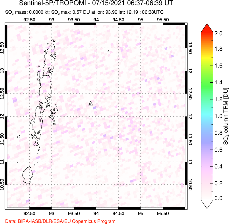 A sulfur dioxide image over Andaman Islands, Indian Ocean on Jul 15, 2021.