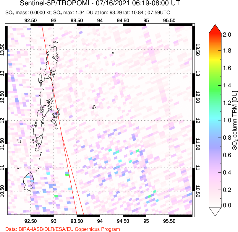 A sulfur dioxide image over Andaman Islands, Indian Ocean on Jul 16, 2021.
